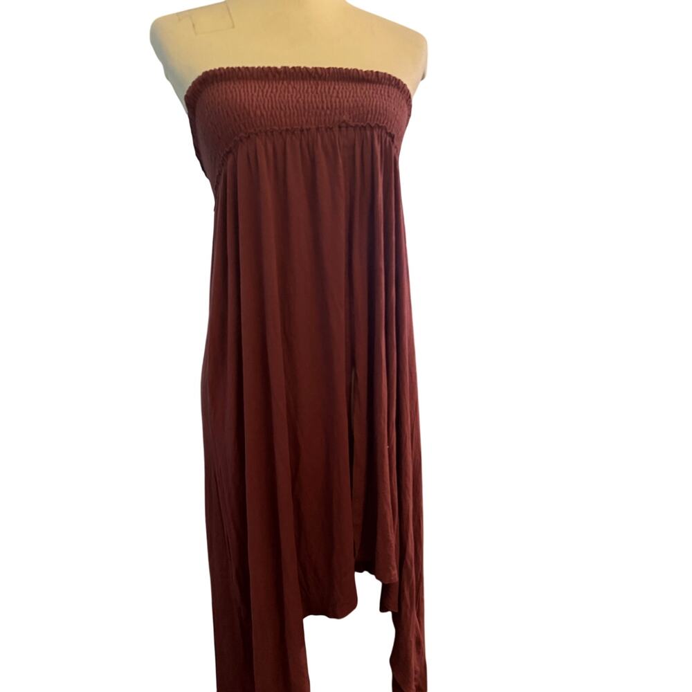 Free People Strapless Smocked Bodice High Low Midi Dress Maroon Boho Large